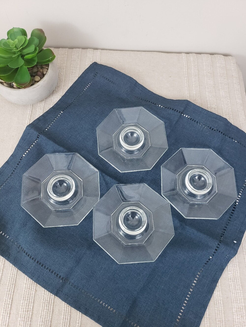 Vintage Arcoroc France "Octime" Clear Glass Octagonal Egg Cup Plates - 4 Pcs.